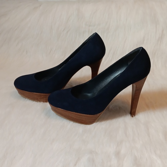 Stuart Weitzman Blue Suede Wooden Heels Size 8.5 M - Picture 2 of 8